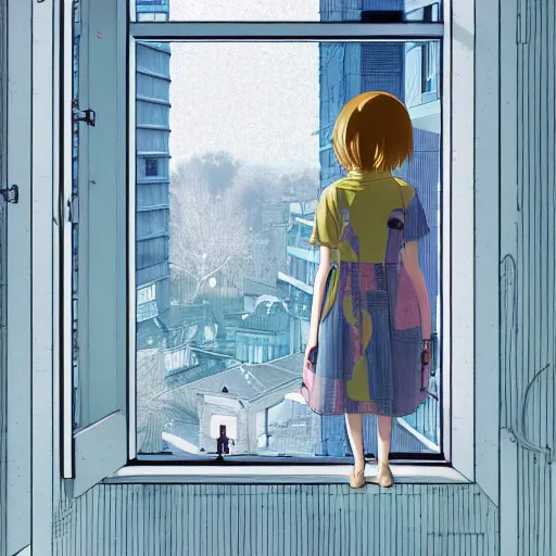 Image similar to a girl looking out of a window by inio asano, beeple and james jean, aya takano color style, 4 k, super detailed, modern, 4 k, symmetrical