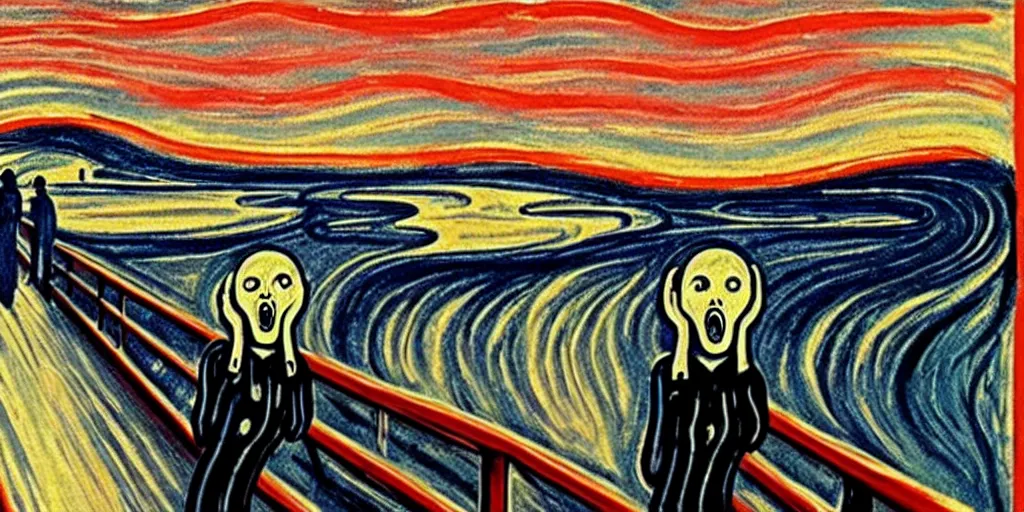 Image similar to The Scream painting with robot inspired by black widow by white night on art station