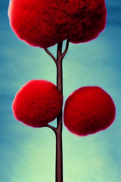 Prompt: a pompom tree, low angle photography, digital illustration by chris van allsburg and artgerm, surreal, photorealistic, award winning