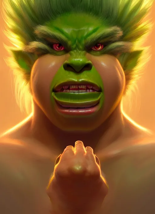 Image similar to symmetry!! portrait of blanka, street fighter, global illumination!! intricate, elegant, highly detailed, digital painting, artstation, concept art, smooth, sharp focus, illustration, art by artgerm and greg rutkowski and alphonse mucha