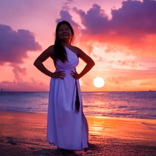 Image similar to A Filipina woman at the beach wearing a gown at sunset