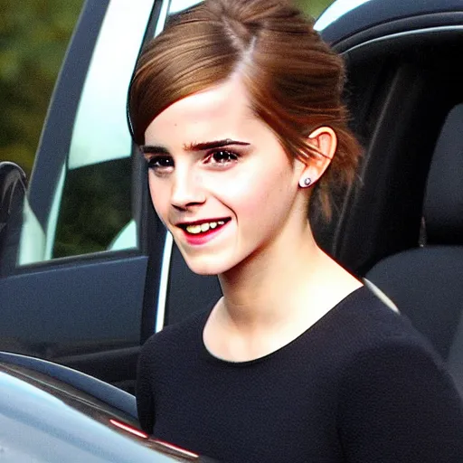 Image similar to emma watson unapologetically grinning from her car window, paparazzi photo, tabloid, flash photography