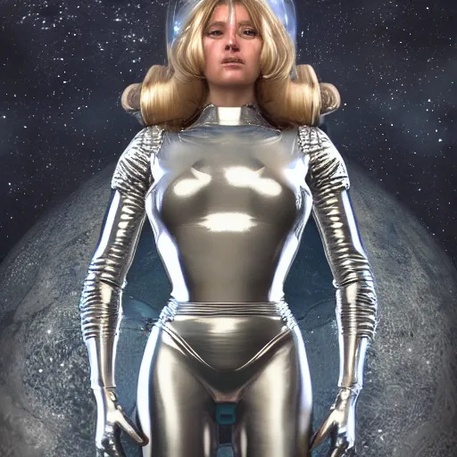 Image similar to portrait of barbarella queen of the galaxy, silver space suit, intricate, bloom, detailed, volumetric lighting, sharp focus, photorealism, highly detailed, concept art, unreal engine 5 rendered, octane rendered, art style by klimt and nixeu and ian sprigger and wlop and krenz cushart