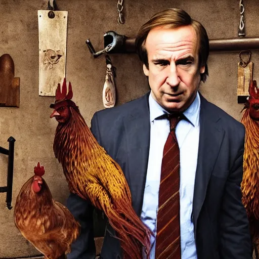 Prompt: saul goodman and a rooster in a medieval torture chamber, saw blades and knives in the background, horror movie, saul goodman!!, rooster!!!!, real life photo, detailed face
