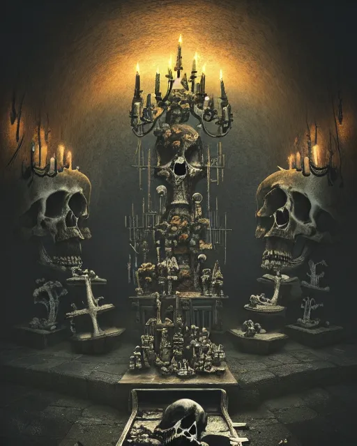 Image similar to full color, low ultrawide interior shot of sedlec ossuary, bones, anime style mixed with fujifilm, dark, foggy, atmospheric, artstation, cgsociety, octane render, cgi, denoise, detailed, cinematic masterpiece