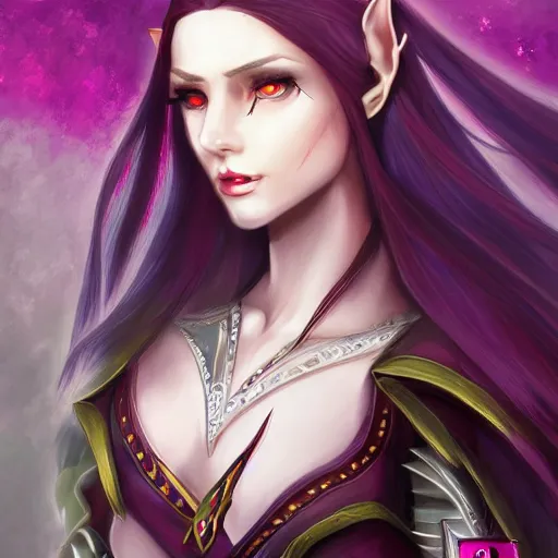 Prompt: portrait of a female high elf with magenta eyes and dark hair, digital art dnd beyond trending on art station 8 k