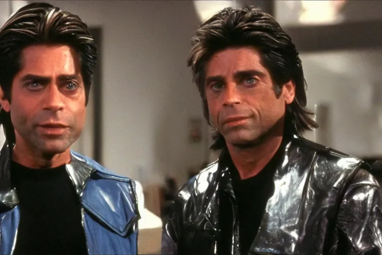 Prompt: uncle jesse from full house looks like a terminator, metal on his face, one red eye, movie still, from the movie terminator 2 judgement day, 8 k, cinematic lighting