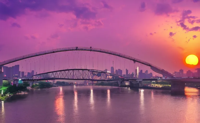 Image similar to a photo of wuhan yangtze river bridge, sunset, purple sky, cinematic, 8 k, highly - detailed