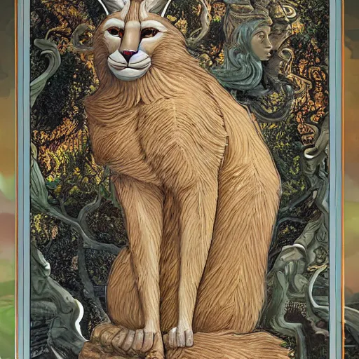 Image similar to a masterpiece hyperdetailed dnd tarot card, magnificent olive laurel wreaths as depicted in a colossal cute caracal marble statue, hd tarot card depicting monumental statue of a cute caracal hdr, 8 k, artstationhq, digital art