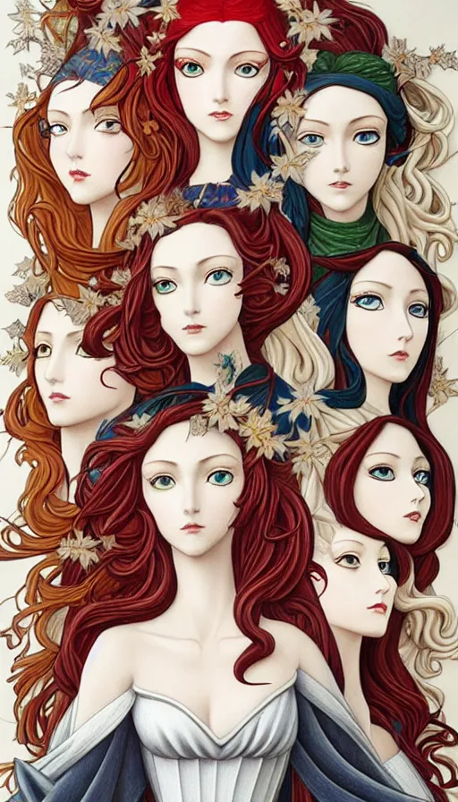 Prompt: 12 figures, representing the 4 seasons, (3 are Winter, 3 are Spring, 3 are Summer and 3 are Autumn), in a mixed style of Botticelli and Æon Flux!!, inspired by pre-raphaelite paintings, shoujo manga, and cyberpunk, stunningly detailed, stunning inking lines, flat colors, 4K photorealistic