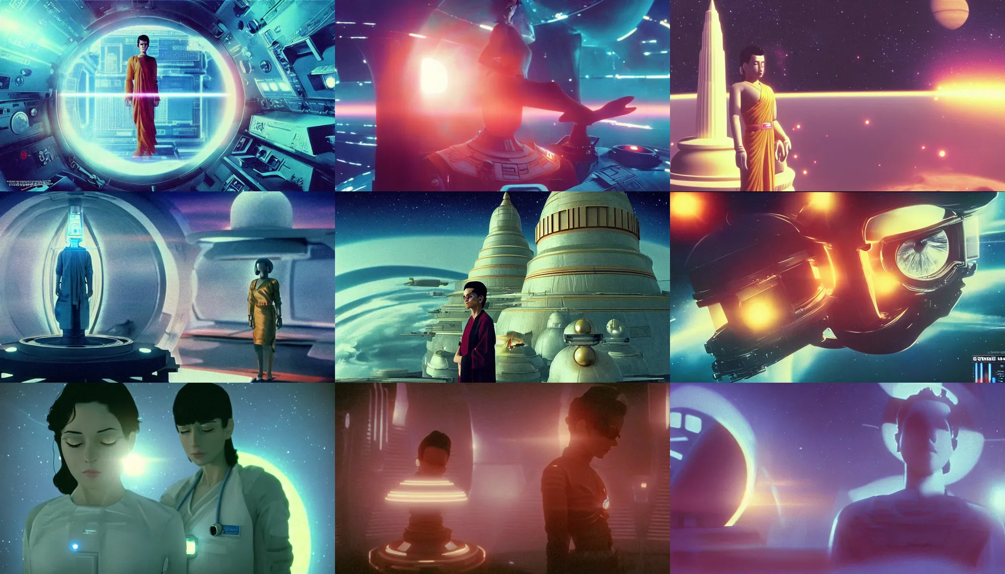 Prompt: Cinestill 50d, 8K, 35mm,J.J Abrams flare; beautiful ultra realistic vaporwave minimalistic shri yantra stupa pilot in space(1950) film still medical bay scene in 2000s frontiers in blade runner retrofuturism fashion magazine September moebius seinen manga style hyperrealism holly herndon edition, highly detailed, extreme closeup three-quarter model portrait, tilt shift LaGrange point orbit background, three point perspective: focus on anti-g flight suit;open mouth,terrified, eye contact, soft lighting