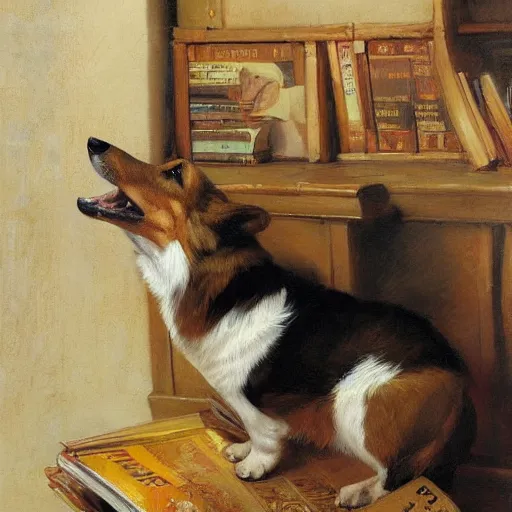 Prompt: a corgi reading a big book, highly detailed painting by gaston bussiere, craig mullins, j. c. leyendecker 8 k