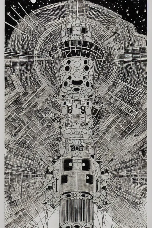 Image similar to a black and white drawing of an ancient future japanese temple international space station, bioluminescence, a detailed mixed media collage by hiroki tsukuda and eduardo paolozzi and ernst haeckel, intricate linework, sketchbook psychedelic doodle comic drawing, geometric, street art, polycount, deconstructivism, matte drawing, academic art, constructivism