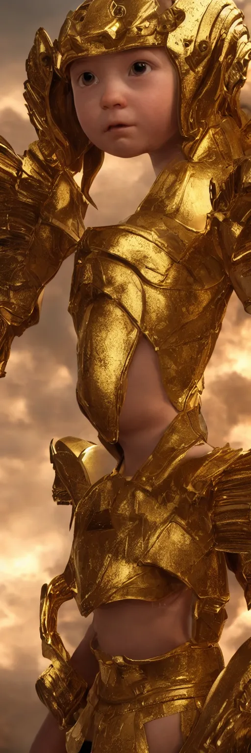 Image similar to a full length single young girl wearing a gold armor fighting angels in the sky, extremely realistic and highly detailed 8 k, sharp focus, octane render, dramatic volumetric lighting and extremely realistic faces