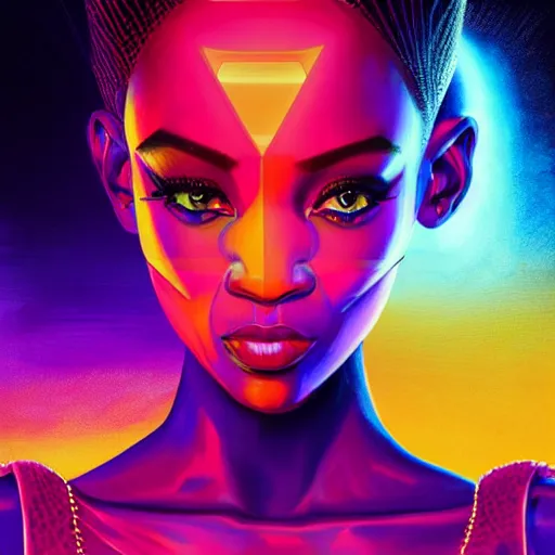 Prompt: african neon demon, science fiction, highly detailed, digital painting, beautiful eyes, symmetry, concept art, sharp focus, volumetric lighting, illustration, global illumination, radiant light, synthwave colors, detailed and intricate environment, art by artgerm and greg rutkowski and magali villeneuve and ilya kuvshinov!