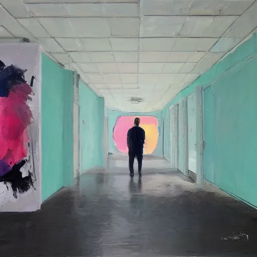 Image similar to _ in _ these _ paintings _ we _ see _ a _ big _ man _ who _ seem _ to _ be _ walking _ in _ circles in an empty void space, 4 k, in the style of ben quilty, hyper realism, minimal green and pink palette, medium shot, oil paint with thick brushstrokes of paint, impasto, detailed,