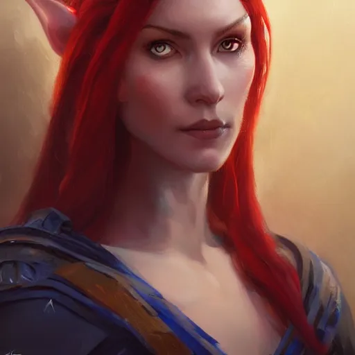 Image similar to A detailed matte oil on canvas portrait of a elven woman with blue red heterochomia and red hairs by greg rutkowski and Charlie bowater, trending on artstationhd, dungeons and dragons art