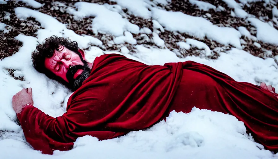 Prompt: 1 9 6 0 s movie still close up of marcus aurelius tired in a red royal toga frozen to death under the snow by the side of a river with gravel, pine forests, cinestill 8 0 0 t 3 5 mm, high quality, heavy grain, high detail, texture, dramatic light, anamorphic, hyperrealistic, detailed hair, foggy