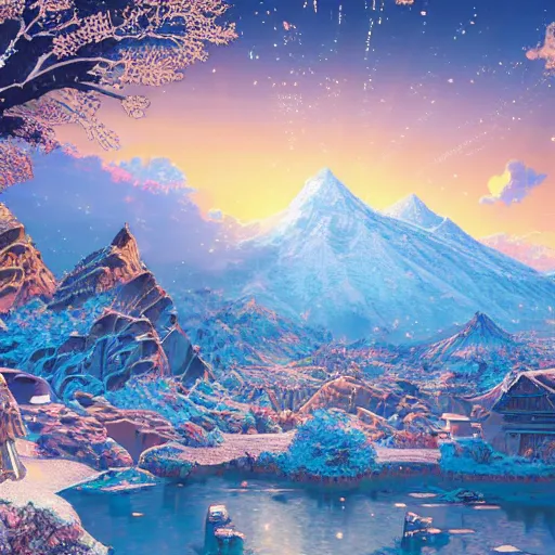 Image similar to the aesthetic view of the beautiful, grand, wistful, dreamy snowcapped mountain at dusk, hyperrealistic anime illustration by iralki nadar, colorful, extremely detailed, intricate linework, super sharp focus, bright colors, octopath traveler, studio ghibli, unreal engine 5 highly rendered, global illumination, radiant light, detailed and intricate environment