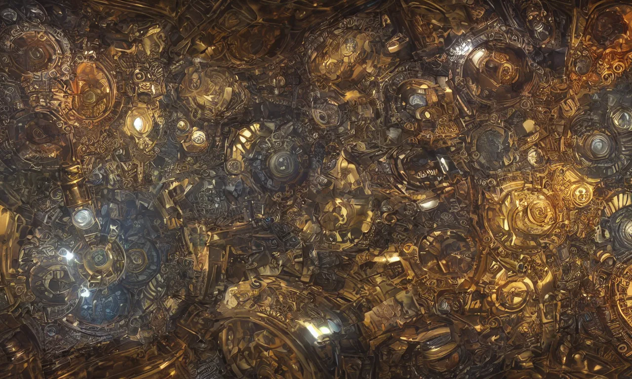 Image similar to steampunk engine laboratory 3 d volume kaleidoscope fractal voronoi metal chakra digital multicolor stylized concept substance natural color scheme, global illumination ray tracing hdr fanart arstation by sung choi and eric pfeiffer and gabriel garza and casper konefal
