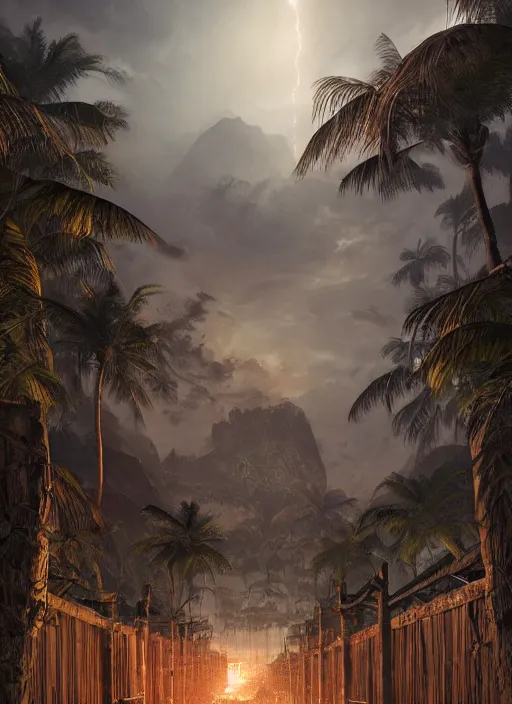 Prompt: wooden palisade wall on a tropical island kit by torches in a Storm night, giant Gorilla sillouhette in the background, intricate Details, raphael lacoste, eddie mendoza, alex ross, concept art, matte painting, highly detailed, rule of thirds, dynamic lighting, cinematic, detailed, denoised, centerd, clean render
