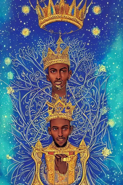 Prompt: beautiful and refined engraved tarot card featuring an ornate, realistic, and regal high key studio anaglyph portrait of an attractive young sudanese king with a crown of flower petals in front of a brilliant nebula by Eric Lafforgue, by Suicide Girls, by Dan Mumford, by Jim Fitzpatrick, featured on deviant art, trending on artstation