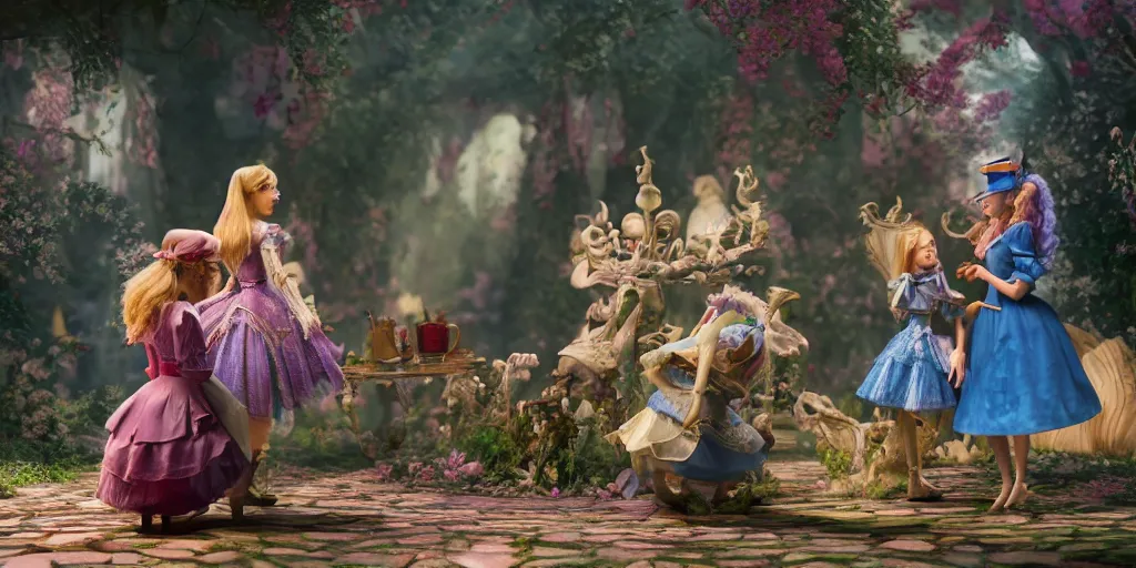 Prompt: an insanely intricate detailed beautifull 3 d render of alice in wonderland meeting with heart queen, unreal engine, octane render, redshift, 8 k resolution, cell shaded rendering, soft dramatic lighting, cinematic, subsurface scattering, anti aliashing, by disney