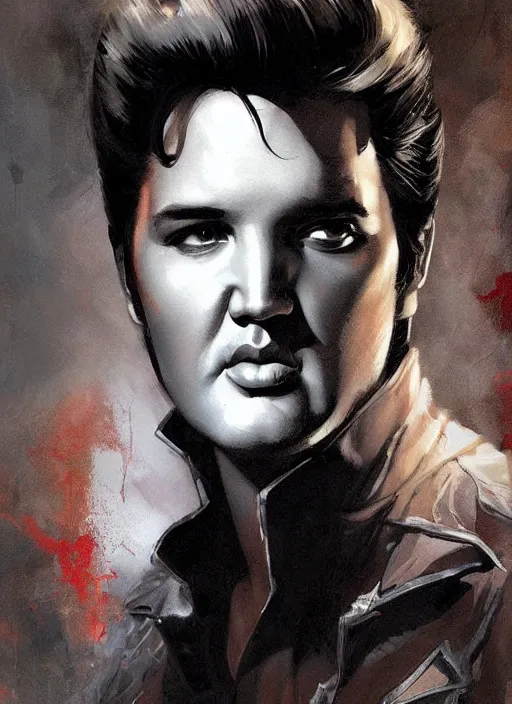 Prompt: Portrait of Elvis Presley, marvel comics, dark, intricate, highly detailed, smooth, artstation, digital illustration by Ruan Jia and Mandy Jurgens and Artgerm and Wayne Barlowe and Greg Rutkowski and Frank Frazetta