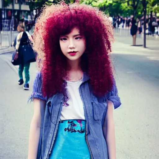 Image similar to a cute young woman with messy curly pastel hair, harajuku fashion, In the style of lya kushinov, Avetetsuya Studios