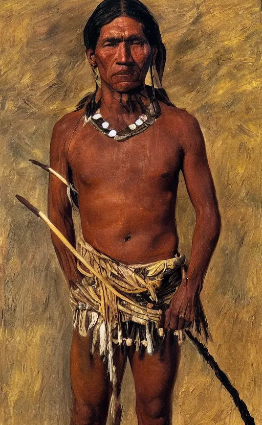 Image similar to full shot picture of indigenous people young man standing with a spear, painted by lucian freud, hd, super detailed, amazing, realistic lighting