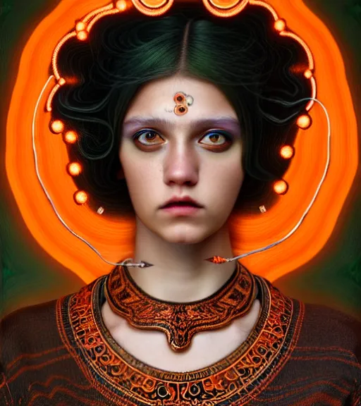 Prompt: portrait of teenage medusa, no hair, sassy expression, black snakes with orange eyes cover her head, wearing an embroidered orange tunic, intricate, elegant, copper and emerald jewelry, glowing lights, highly detailed, digital painting, artstation, concept art, smooth, sharp focus, illustration, art by wlop, mucha, artgerm, and greg rutkowski