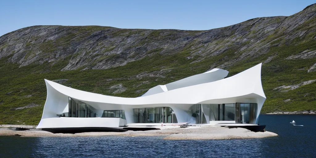 Prompt: modern norwegian fjord beach house designed by zaha hadid, contemporary architecture, photography