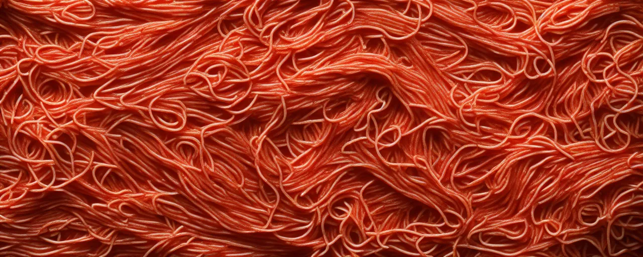 Prompt: full bleed macro shot of spaghetti texture, intricate, canon 1 0 0 mm, cinematic lighting, wes anderson film, kodachrome