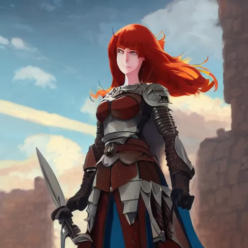 Image similar to portrait of a young redheaded woman with blue eyes and wearing armor, fighting shadowy bug demons, medieval background, highly detailed, digital painting, artstation, matte, by makoto shinkai, animation style, studio ghibli, anime key visual