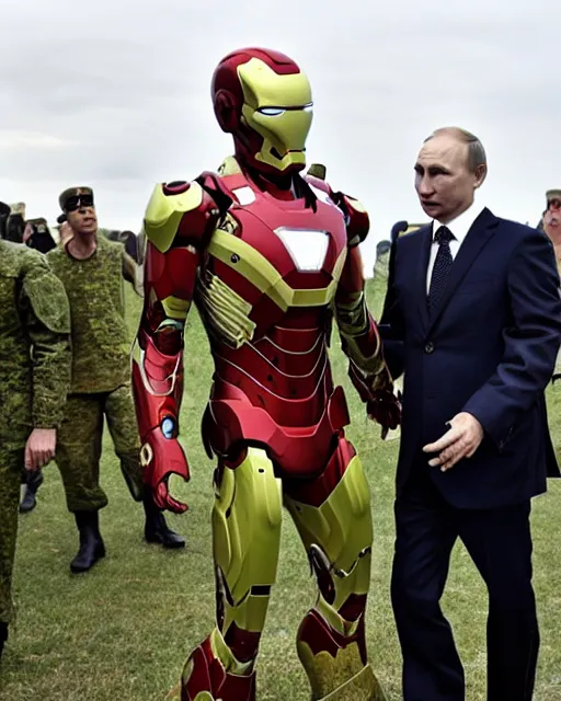 Prompt: vladimir putin wearing a military exoskeleton, iron man, ukraine