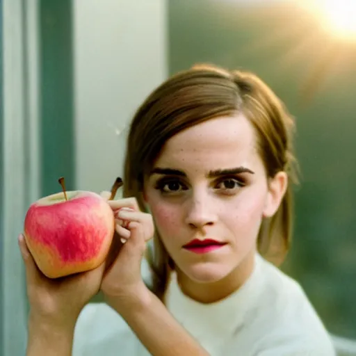 Prompt: Photograph of Emma Watson holding a pink apple by the window. Golden hour, dramatic lighting. Medium shot. CineStill