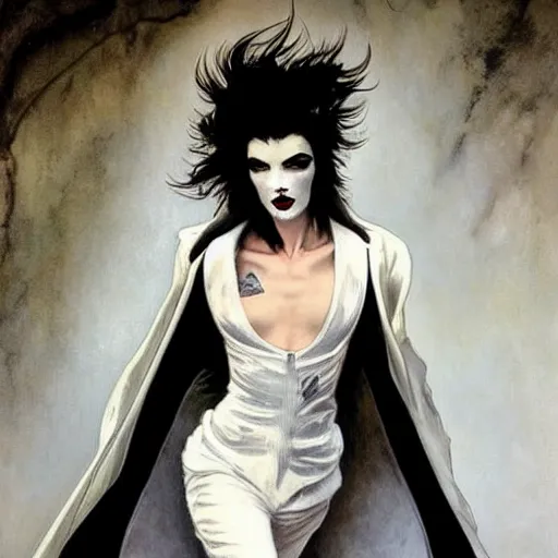 Image similar to stunning portrait of androgynous ruby rose as desire from sandman in a white tuxedo!!!, rockabilly style, by frank moth, by alphonse mucha, by jeremy mann, by peter lindbergh, dave mckean, white suit and black tie, soft lightning, high detailed, 8 k