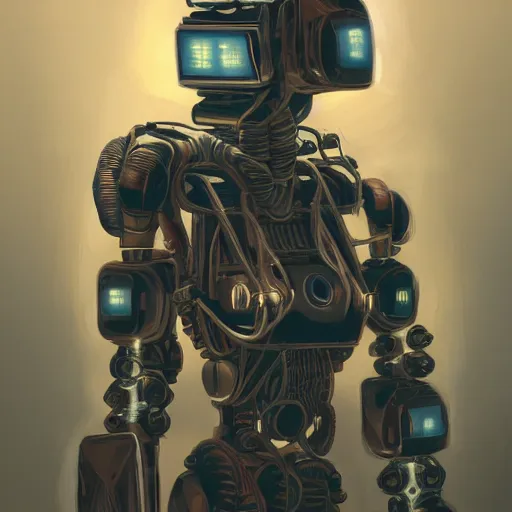 Image similar to concept art portrait of a diesel punk robot on a depth of field background, by cam sykes. an intricate, elegant, highly detailed digital painting, concept art, smooth, sharp focus, illustration, in the style of syd mead.