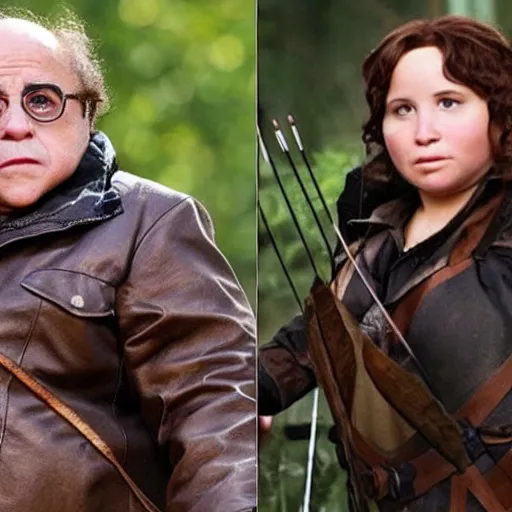 Prompt: Danny Devito as Katniss Everdeen in The Hunger Games