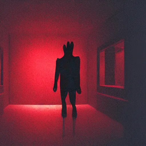 Image similar to cctv of an extremely dark empty room with glowing humanoid cryptid monster made out of static, dark deep black shadows, red and black color contrast in the style of trevor henderson and james ensor goya, liminal space, 3 d octane render, glitch effect