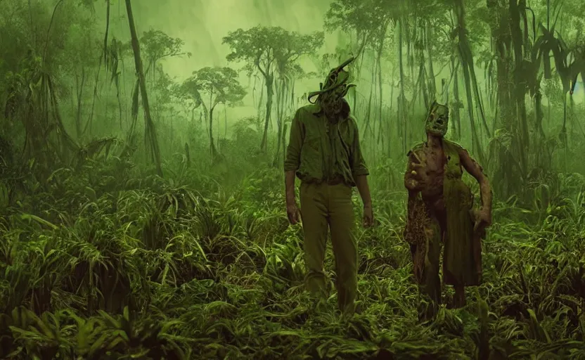 Image similar to snake oil saleman demigod with neon green mask in a swampy jungle landscape, visible sky and humid atmosphere, the salesman's dream by alejandro jodorowsky and denis villeneuve, kodakchrome, cinematic composition, practical effects, 8 k