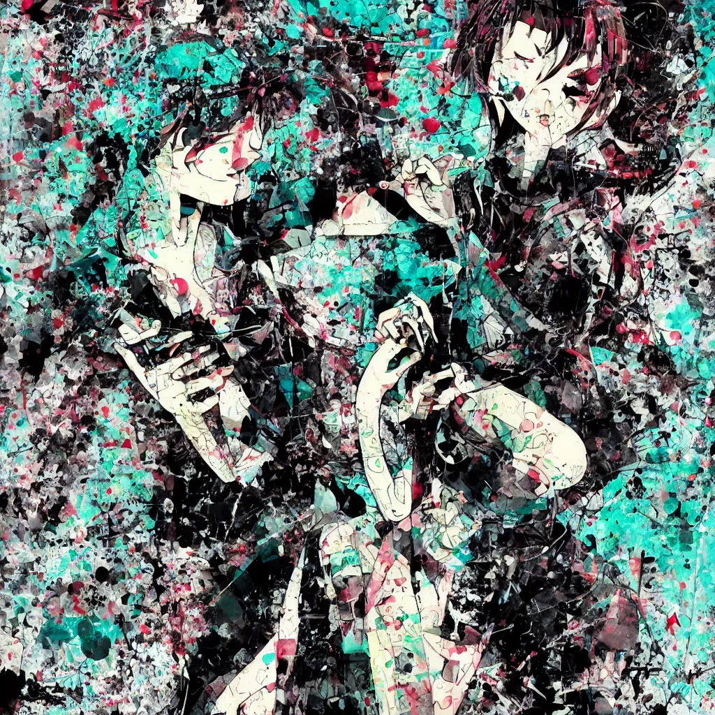 Image similar to girl figure, abstract, jet set radio artwork, ryuta ueda artwork, cryptic, rips, spots, asymmetry, stipple, lines, glitches, color tearing, pitch bending, stripes, dark, ominous, eerie, hearts, minimal, points, otomo katsuhiro artwork, technical, natsumi mukai artwrok, folds