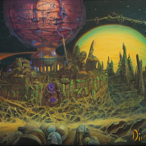 Image similar to the dirdir, jack vance, planet of adventure, mike mignogna, highly detailed, vintage dark sci fi, oil painting