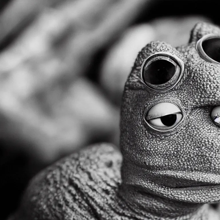 Prompt: hyper realistic and detailed vintage portrait photo of kermit, by Sebastião Salgado, black and white Leica SL2 35mm