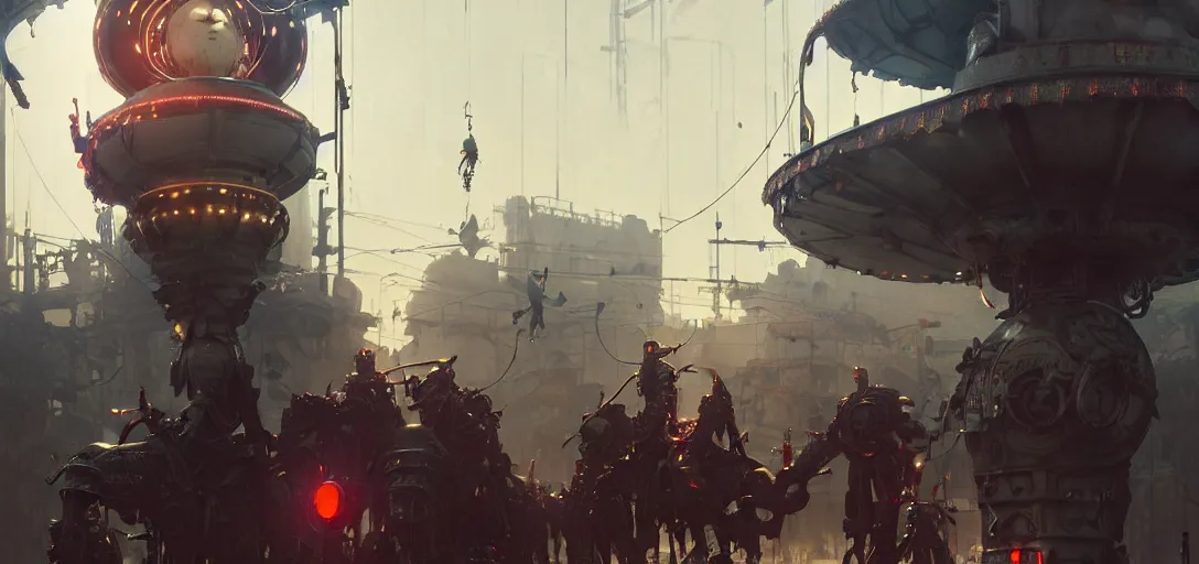 Image similar to close - up of cyborg knights exploring small town amusement, gas lamps, food stalls, cyberpunk big top circus tent, highly detailed, nightmare, neo alien, digital painting, concept art, matte, art by ruan jia and wlop and greg rutkowski and makoto shinkai, masterpiece