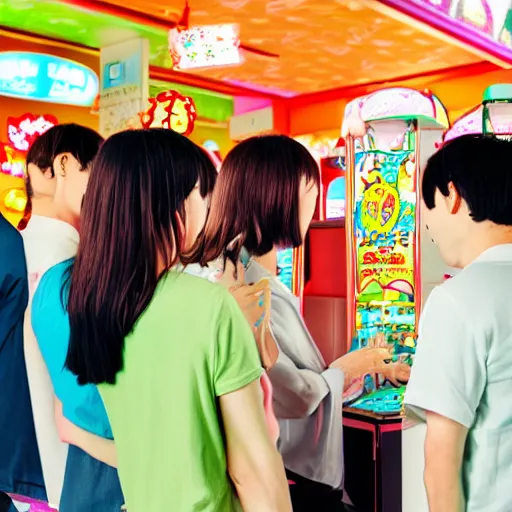 Image similar to a bunch of people at a japanese arcade pastel colors