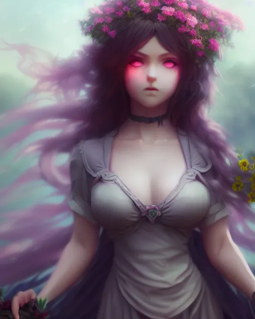 Prompt: dark angel surrounded by mist and pretty flowers, very detailed, realistic face, detailed face, matte, tonemapping, bbwchan, perfection, 4 k, cushart krenz, cinematic, atmospheric