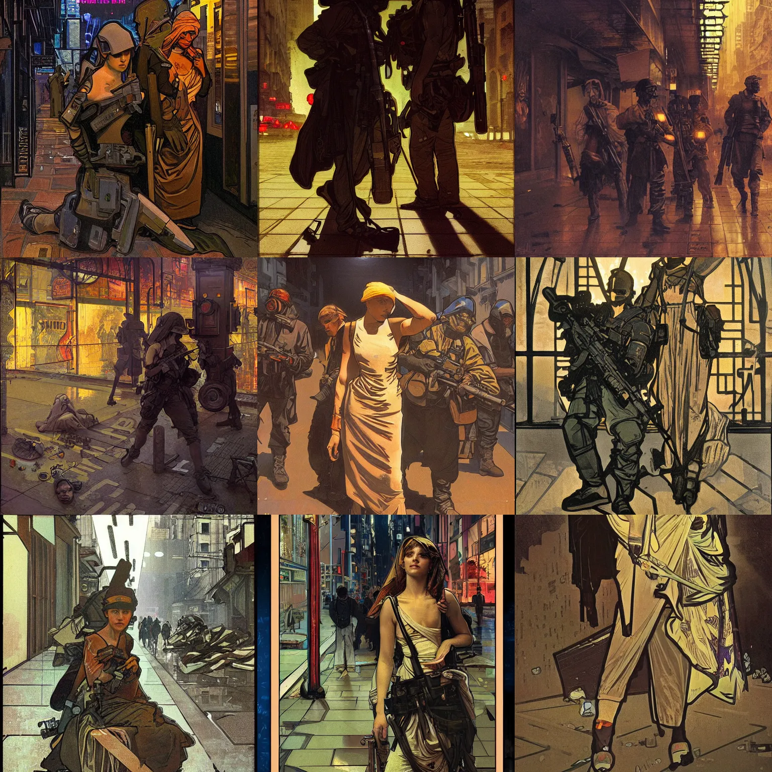 Prompt: War kills study in the streets at night, dramatic lighting, cyberpunk, realism, 8K, by Alphonse Mucha, —W 2400 —H 3200