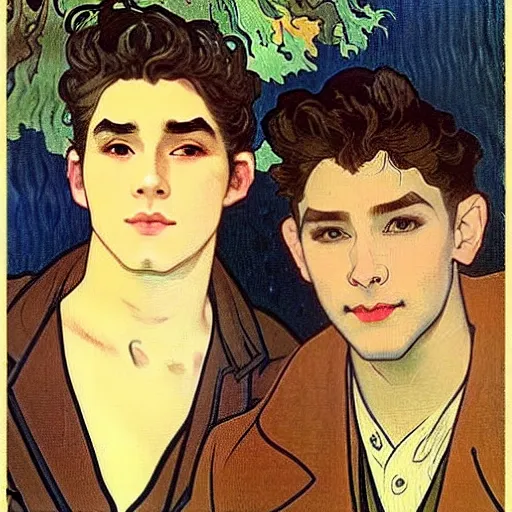 Image similar to painting of young cute handsome beautiful dark medium wavy hair man in his 2 0 s named shadow taehyung and cute handsome beautiful min - jun together at the halloween! party, ghostly, haunted, ghosts, autumn! colors, elegant, wearing suits!, clothes!, delicate facial features, art by alphonse mucha, vincent van gogh, egon schiele
