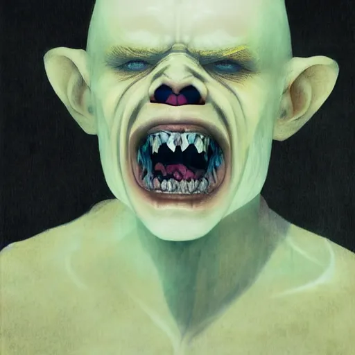 Prompt: portrait of nosferatu the vampire, long fangs, pale blue skin, yellow eyes, photograph, realistic, volumetric light, creepy, scary, grim mouth, dark background, by marco mazzoni and john atkinson grimshaw